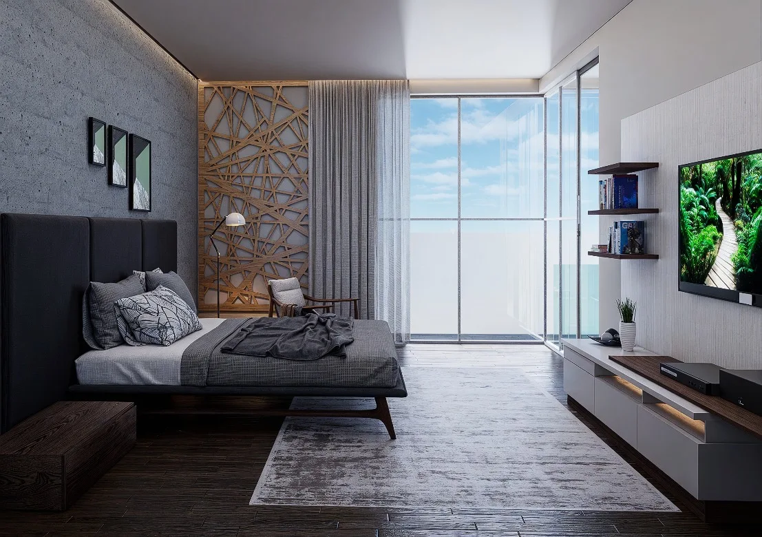 Visualização de um quarto contemporâneo
