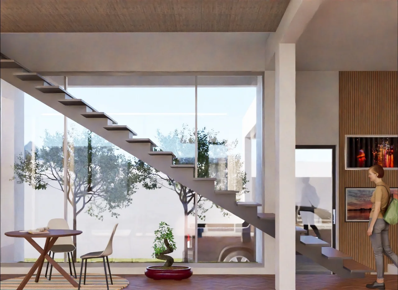 Visualização da escada e organização interior
